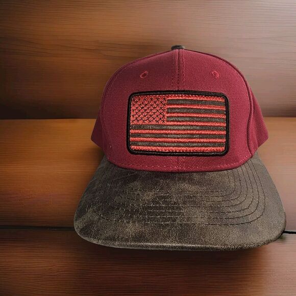 Pit Bull Mens Baseball Hat Leather American Flag Patch And Visor Red Brown Snap - Picture 2 of 14